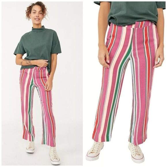 Free People Pants - FREE PEOPLE La Paz Rainbow Pink Striped High Rise Cropped Flare Pants SIZE 10